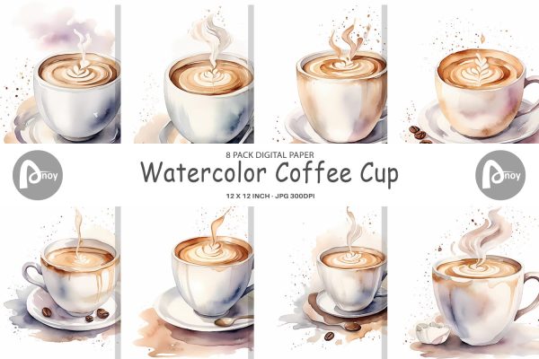 Digital Paper Watercolor Coffee Cup Supply