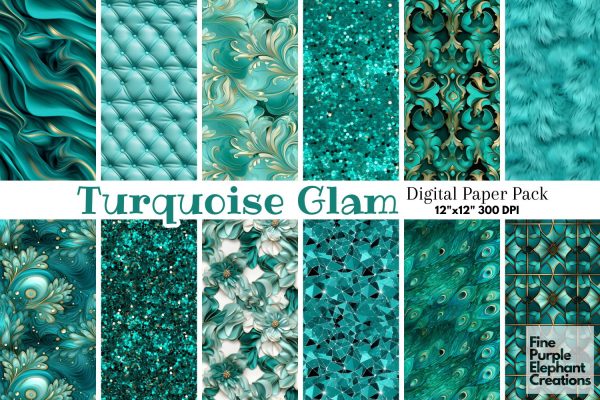 Turquoise Glam Digital Paper | Luxury Glitter Art Deco Cheap