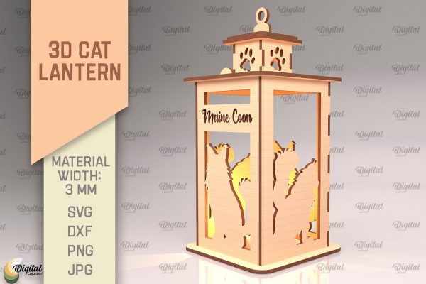 3D Cat Lantern SVG. Laser Cut Lamp. Maine Coon SVG For Sale