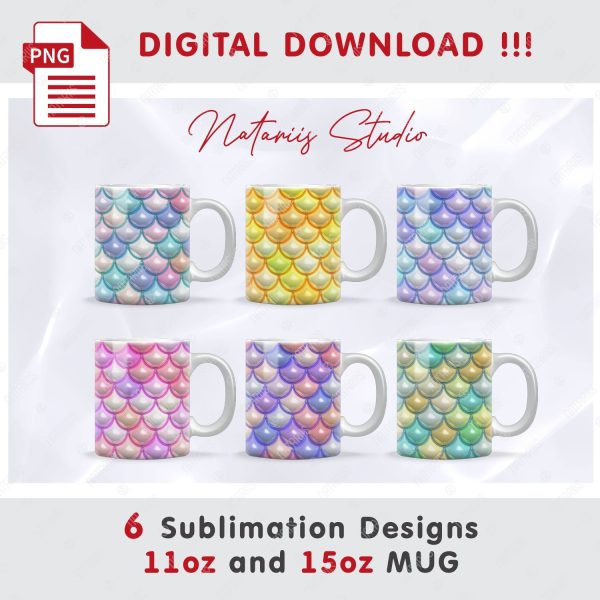 6 Puffy Mermaid Scales Patterns for 11 oz - 15 oz mugs. Online Hot Sale