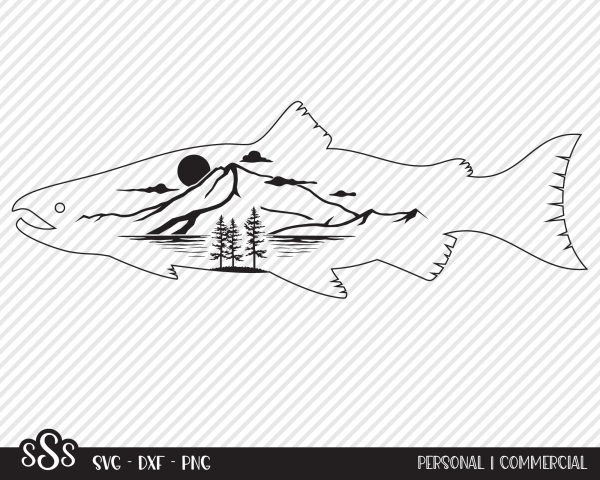 Salmon Outline Mountains | Outdoor SVG Supply