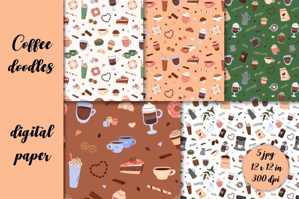 Coffee Patterns JPG Digital Paper Pack | Doodles Sweet Food Seamless Backgrounds Set | Digital Download for Scrapbooking, Craft, Designs Supply