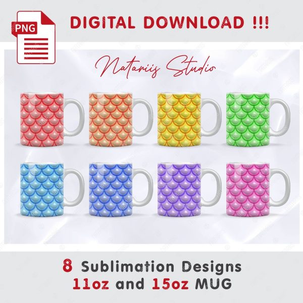 8 Puffy Mermaid Scales Patterns for 11 oz - 15 oz mugs. Supply