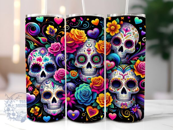 Day Of The Dead 20 oz Skinny Tumbler, Mexican Skull Tumbler Png, Straight & Tapered Tumbler Wrap, Instant Digital Download on Sale