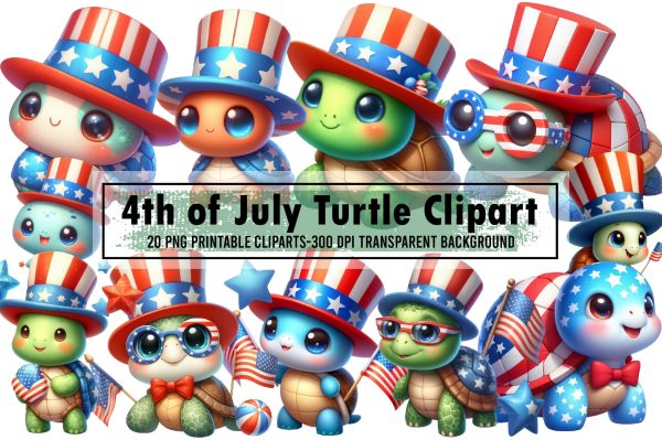 Watercolor 4th of July Turtle Clipart Cheap