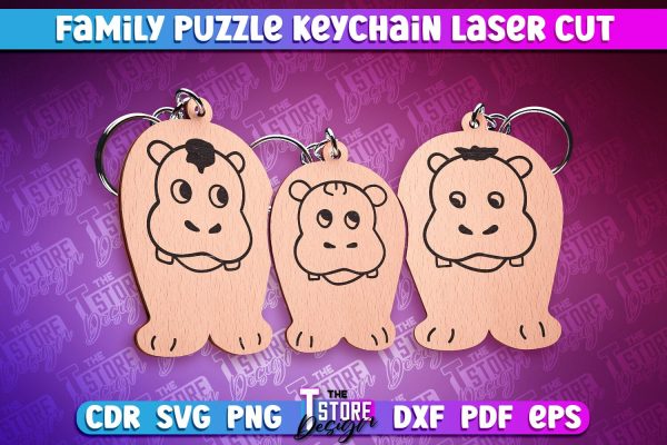 Hippopotamus Family Puzzle Keychain | Puzzle Laser Cut Design | CNC Files For Cheap