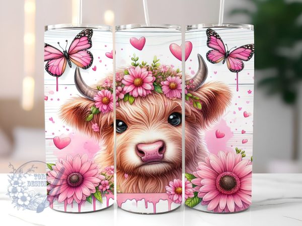 Pink Sunflowers Baby Highland Cow 20 oz Skinny Tumbler, Highland Cow Tumbler Png, Straight & Tapered Tumbler Wrap, Instant Digital Download Online Sale