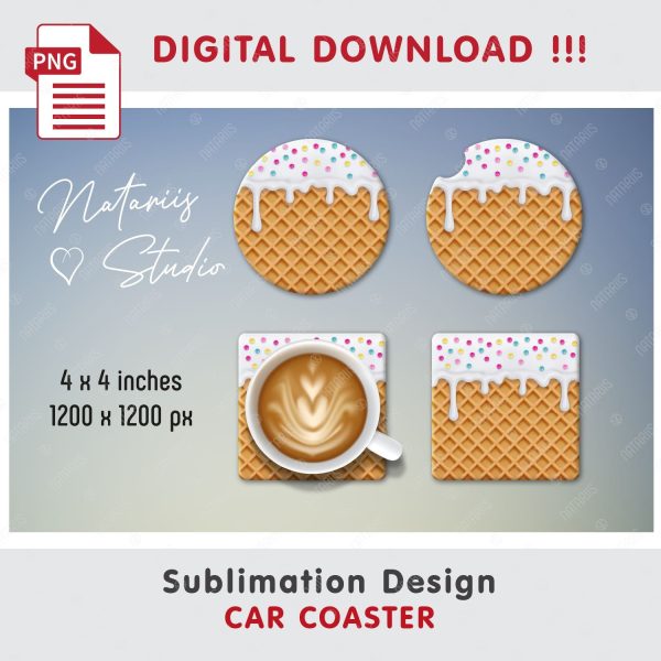 Dripping Ice Cream Wafer Design. Coaster Sublimation. on Sale