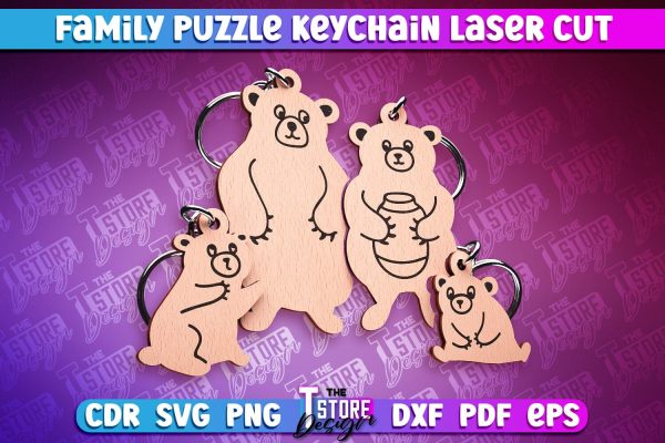 Bear Family Puzzle Keychain | Laser Cut Design | CNC Files Supply
