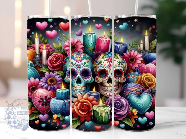 Day Of The Dead 20 oz Skinny Tumbler, Mexican Skull Tumbler Png, Straight & Tapered Tumbler Wrap, Instant Digital Download For Discount