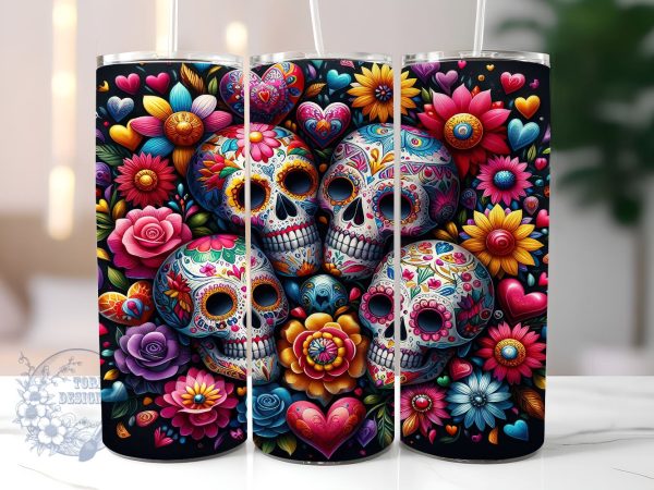 Day Of The Dead 20 oz Skinny Tumbler, Mexican Skull Tumbler Png, Straight & Tapered Tumbler Wrap, Instant Digital Download on Sale