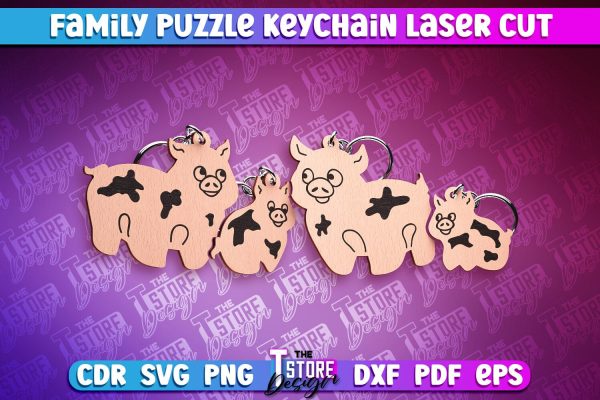 Pig Family Puzzle Keychain | Laser Cut Design | CNC Files Discount