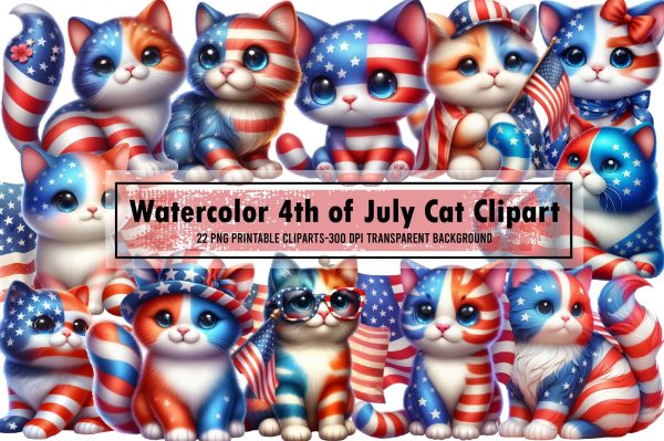 watercolor 4th of July Cat Clipart For Sale
