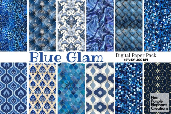Blue Glam Digital Paper | Luxury Glitter Art Deco on Sale