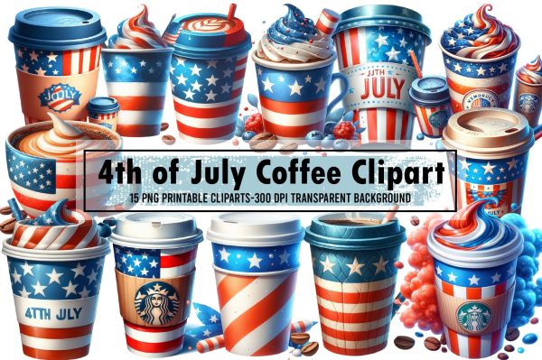 Watercolor 4th of July Coffee Clipart Supply