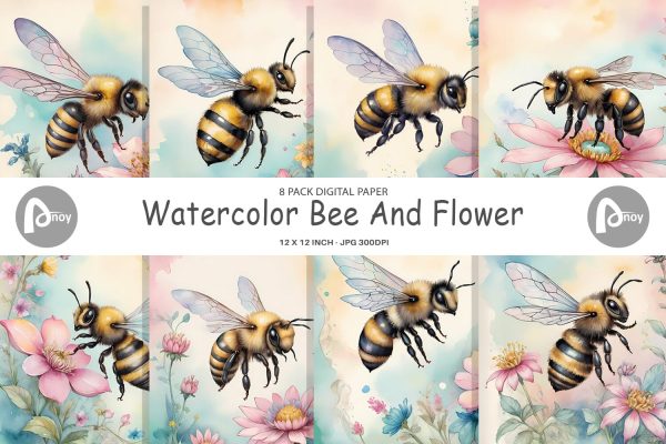 Digital Paper Watercolor Bee Flowers For Sale