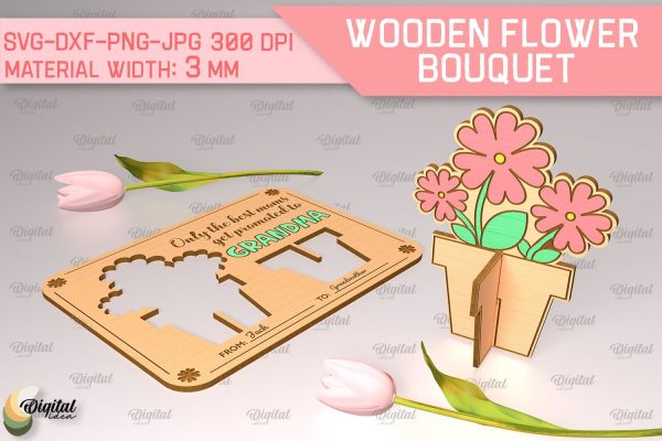 Greeting Card Laser Cut. Wooden Flower Bouquet SVG Supply