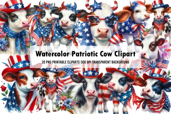 Watercolor Patriotic Cow Clipart Online Sale