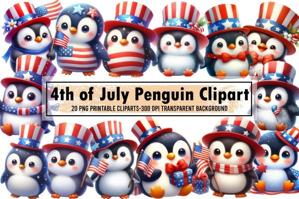 Watercolor 4th of July Penguin Clipart on Sale