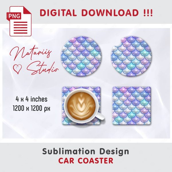 Puffy Mermaid Scales Design. Coaster Sublimation Template. For Cheap