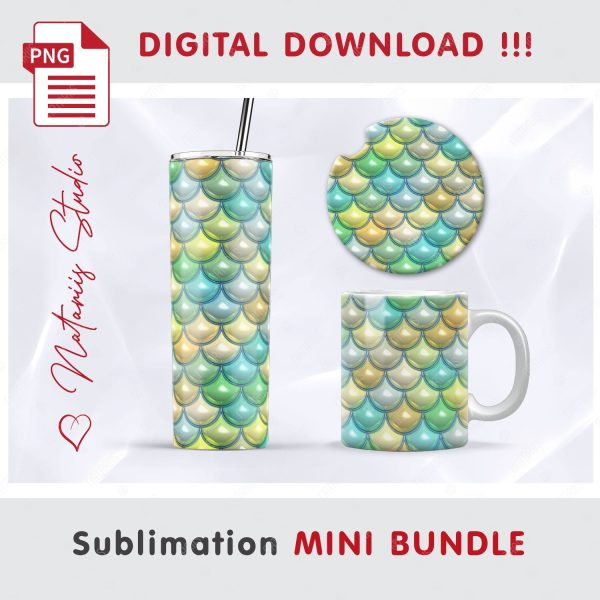 Puffy Mermaid Scales Mini Bundle - Tumbler, Mug, Coaster. For Sale