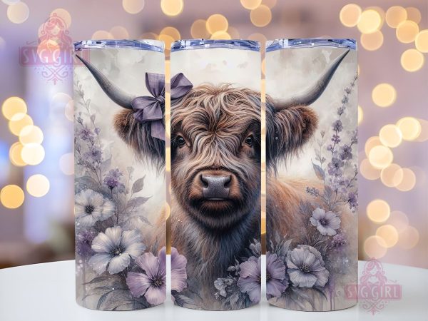 Cute Baby Highland Cow Purple Floral 20oz Tumbler Wrap Sublimation Design, Straight Tapered Tumbler Wrap, Highland Cow Tumbler Png, Instant Digital Download Hot on Sale