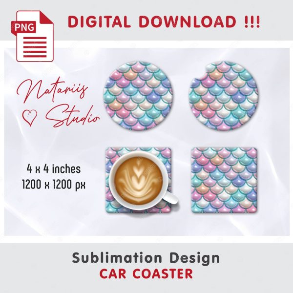 Puffy Mermaid Scales Design. Coaster Sublimation Template. Discount