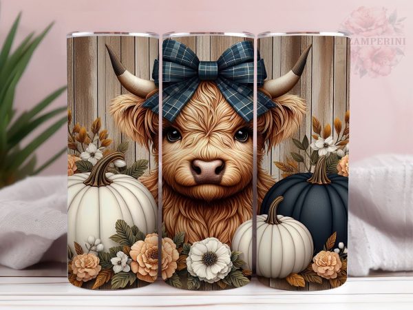 Baby Highland Cow Pumpkins Dots 20oz Tumbler Wrap PNG, Highland Cow Tumbler Png, Straight & Tapered Tumbler Wrap, Instant Digital Download For Sale