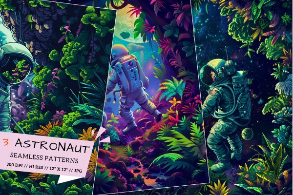 Astronaut Joy Seamless Pattern Set | Astronaut Pattern Print, Outer Space Digital Paper, Seamless, Commercial Use, Scrapbook, Background, Wallpaper, POD, Solar System, Planets, Rockets, Space Ship Fashion