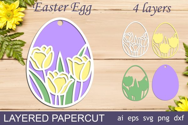 3d Easter egg svg, Layered Easter egg with tulip flowers, Papercut template For Sale