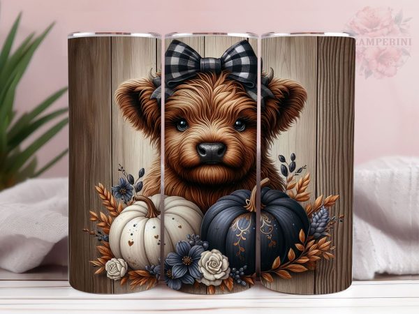 Baby Highland Cow Pumpkins Dots 20oz Tumbler Wrap PNG, Highland Cow Tumbler Png, Straight & Tapered Tumbler Wrap, Instant Digital Download For Sale