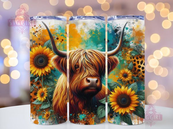 Highland Cow 20oz Tumbler Wrap Sublimation Design, Straight Tapered Tumbler Wrap, Highland Cow Sunflower Leopard Tumbler Png, Instant Digital Download on Sale
