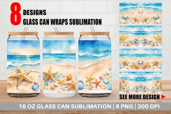 Glass Can Wrap Watercolor Beach Summer Cheap