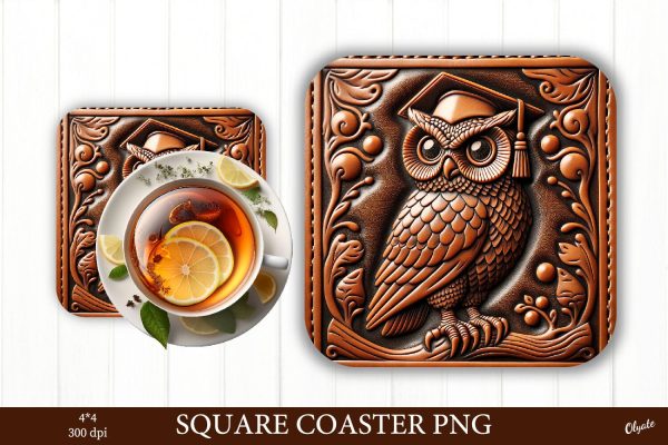 Leather Coaster PNG. Owl Graduation Sublimation PNG Sale
