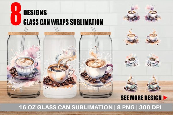 Glass Can Wrap Watercolor Coffee Cup For Discount