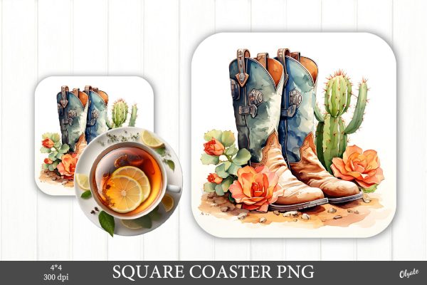 Cowboy Boots Sublimation PNG. Square Coaster PNG Supply