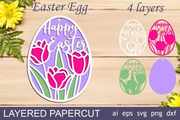 Happy Easter svg layered, Easter egg with tulip flowers papercut For Discount