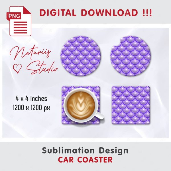 Puffy Mermaid Scales Design. Coaster Sublimation Template. Discount