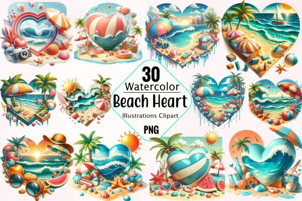 Retro Beach Heart Watercolor Clipart Bundle on Sale