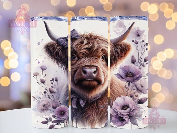Cute Baby Highland Cow Purple Floral 20oz Tumbler Wrap Sublimation Design, Straight Tapered Tumbler Wrap, Highland Cow Tumbler Png, Instant Digital Download Online