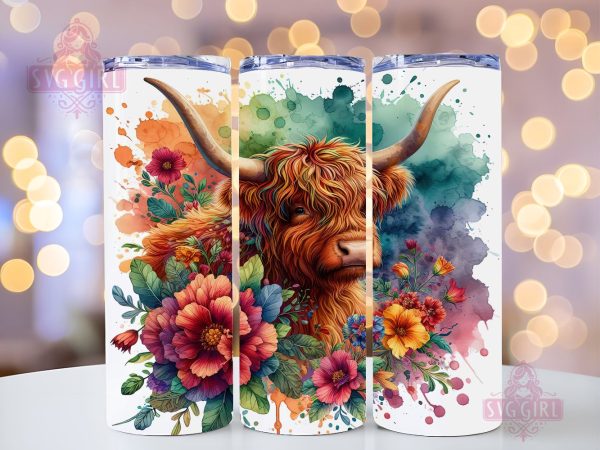 Highland Cow Floral 20oz Tumbler Wrap Sublimation Design, Straight Tapered Tumbler Wrap, Colorful Highland Cow Tumbler Png, Instant Digital Download Fashion