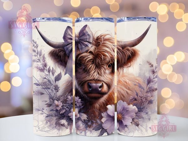 Cute Baby Highland Cow Purple Floral 20oz Tumbler Wrap Sublimation Design, Straight Tapered Tumbler Wrap, Highland Cow Tumbler Png, Instant Digital Download Cheap