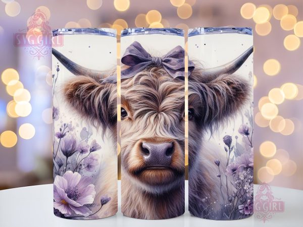 Cute Baby Highland Cow Purple Floral 20oz Tumbler Wrap Sublimation Design, Straight Tapered Tumbler Wrap, Highland Cow Tumbler Png, Instant Digital Download Discount