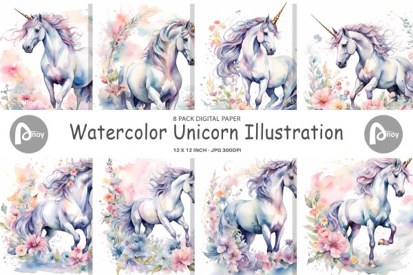 Digital Paper Watercolor Unicorn For Sale