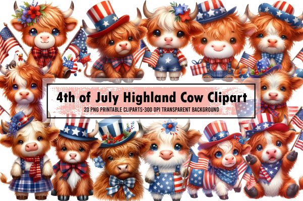 Watercolor 4th of July Highland Cow Clipart Hot on Sale