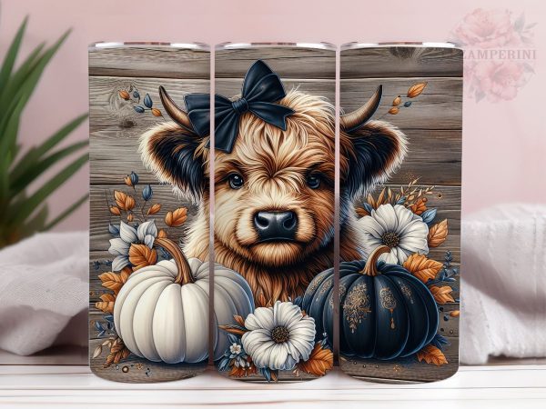 Baby Highland Cow Pumpkins Dots 20oz Tumbler Wrap PNG, Highland Cow Tumbler Png, Straight & Tapered Tumbler Wrap, Instant Digital Download For Sale
