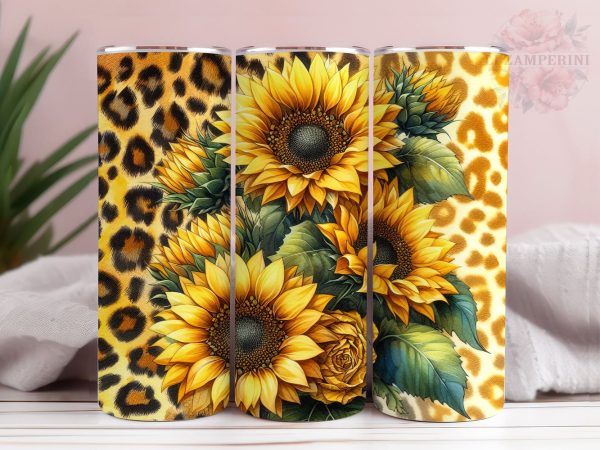 Sunflowers And Gold Leopard 20oz Tumbler Wrap PNG, Sunflowers Tumbler Png, Straight & Tapered Tumbler Wrap, Instant Digital Download Supply
