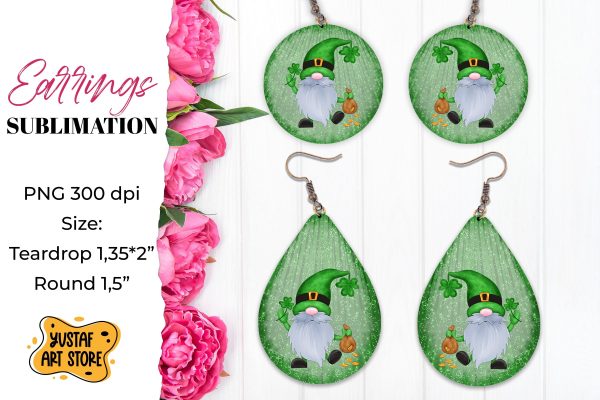 Patrick s Day Gnome Earrings Sublimation. Teardrop and Round Online