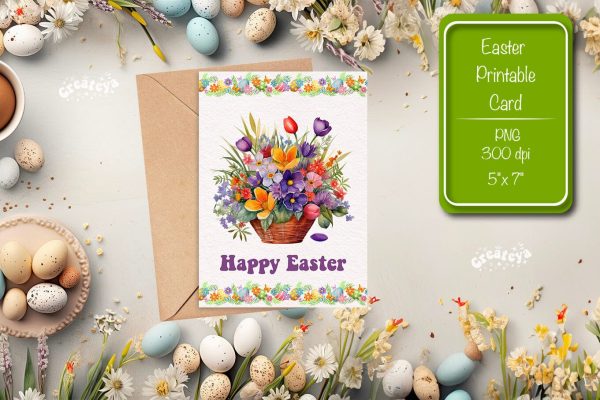 Printable Easter card Watercolor Easter Flowers Spring card Cheap