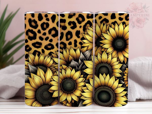 Sunflowers And Gold Leopard 20oz Tumbler Wrap PNG, Sunflowers Tumbler Png, Straight & Tapered Tumbler Wrap, Instant Digital Download on Sale